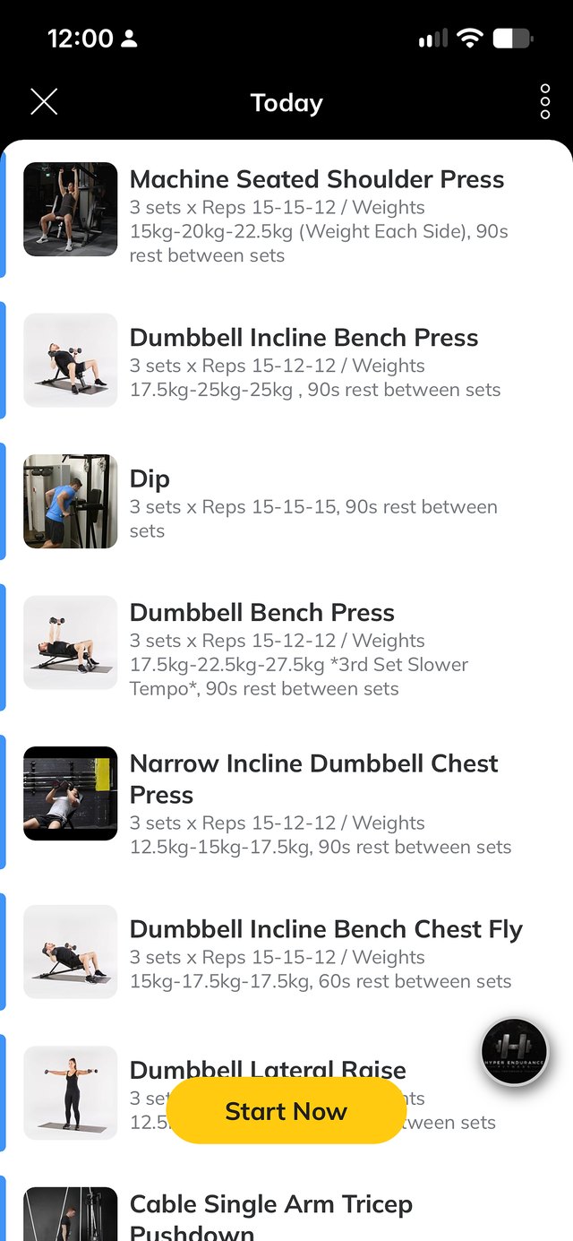 Hyper Endurance Fitness App workout screen listing each exercise with sets, reps, loads and rest times, and a demonstration image for every movement