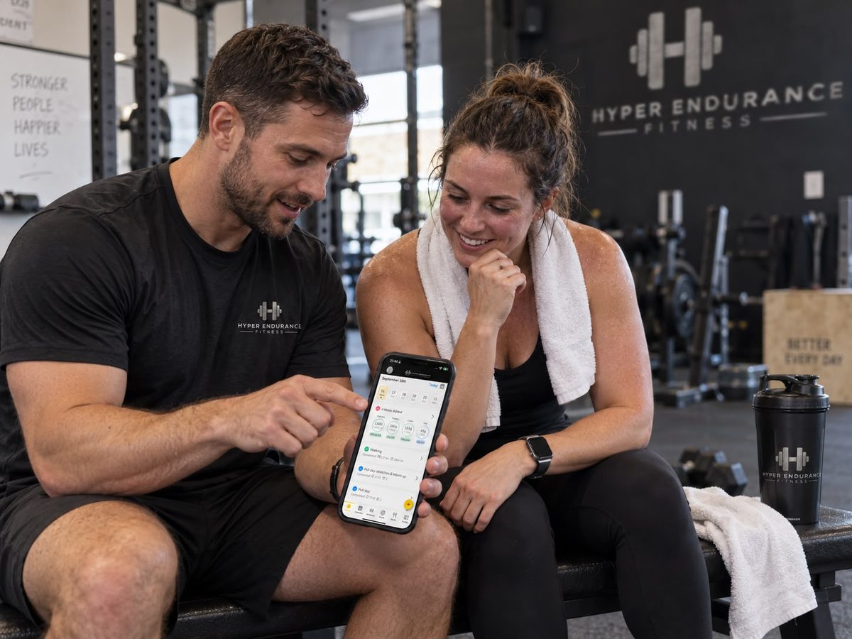 A Hyper Endurance Fitness coach going through a member’s App data with her on a gym bench