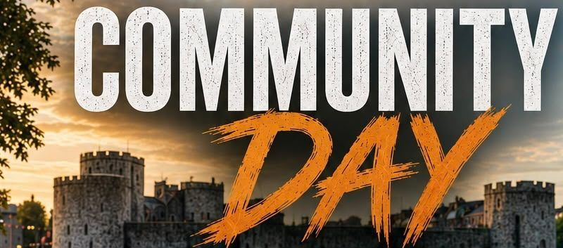 Community Day title artwork over a castle at sunset