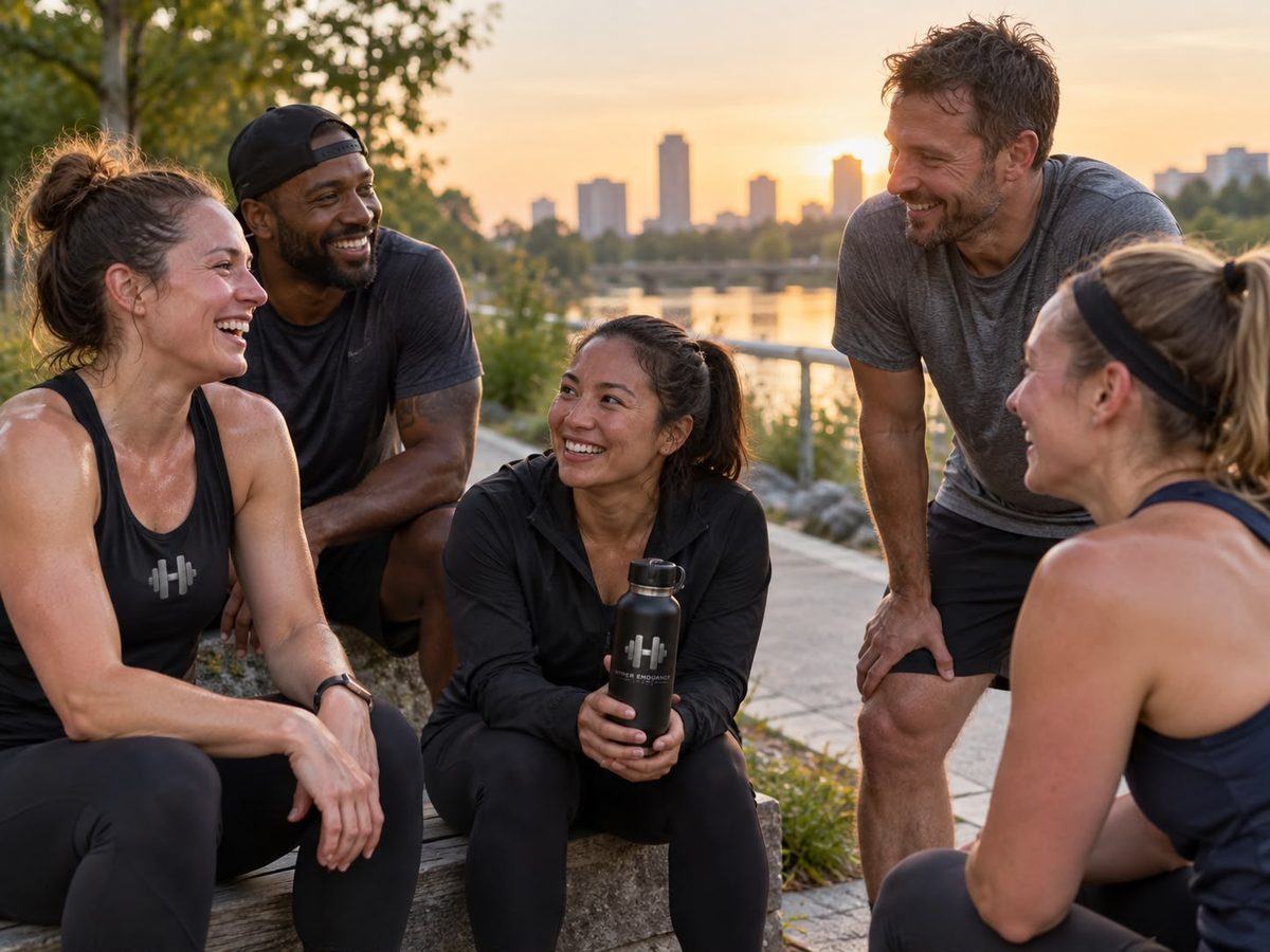 A group of Hyper Endurance Fitness members talking together after training outdoors at sunset