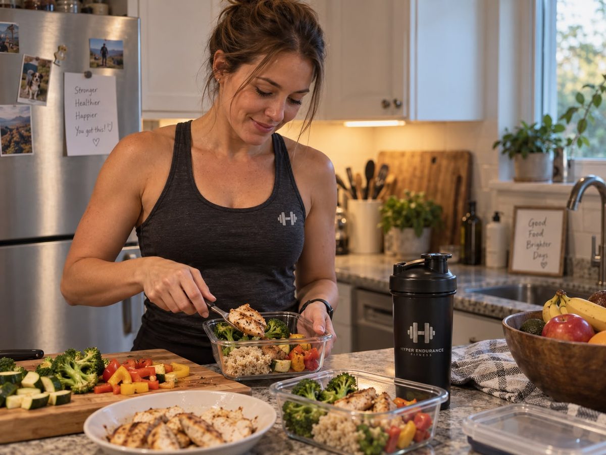A member in Hyper Endurance Fitness kit preparing meals in her own kitchen