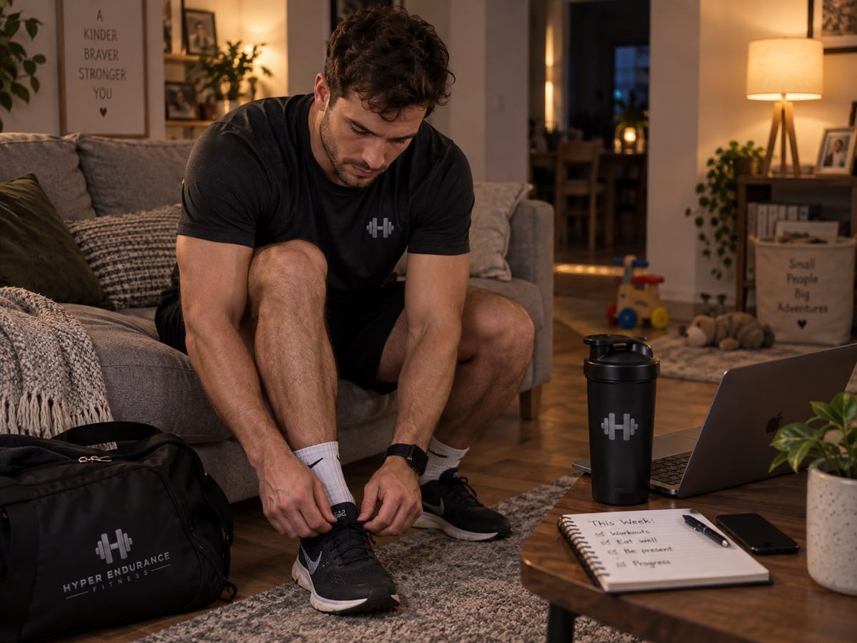 A member in Hyper Endurance Fitness kit lacing his trainers at home, with a kit bag, shaker and a written list of the week ahead beside him